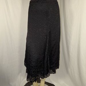 Laura Ashley Black Silk Rayon Burnout Velvet Skirt | Gothic Romantic Midi Handke
